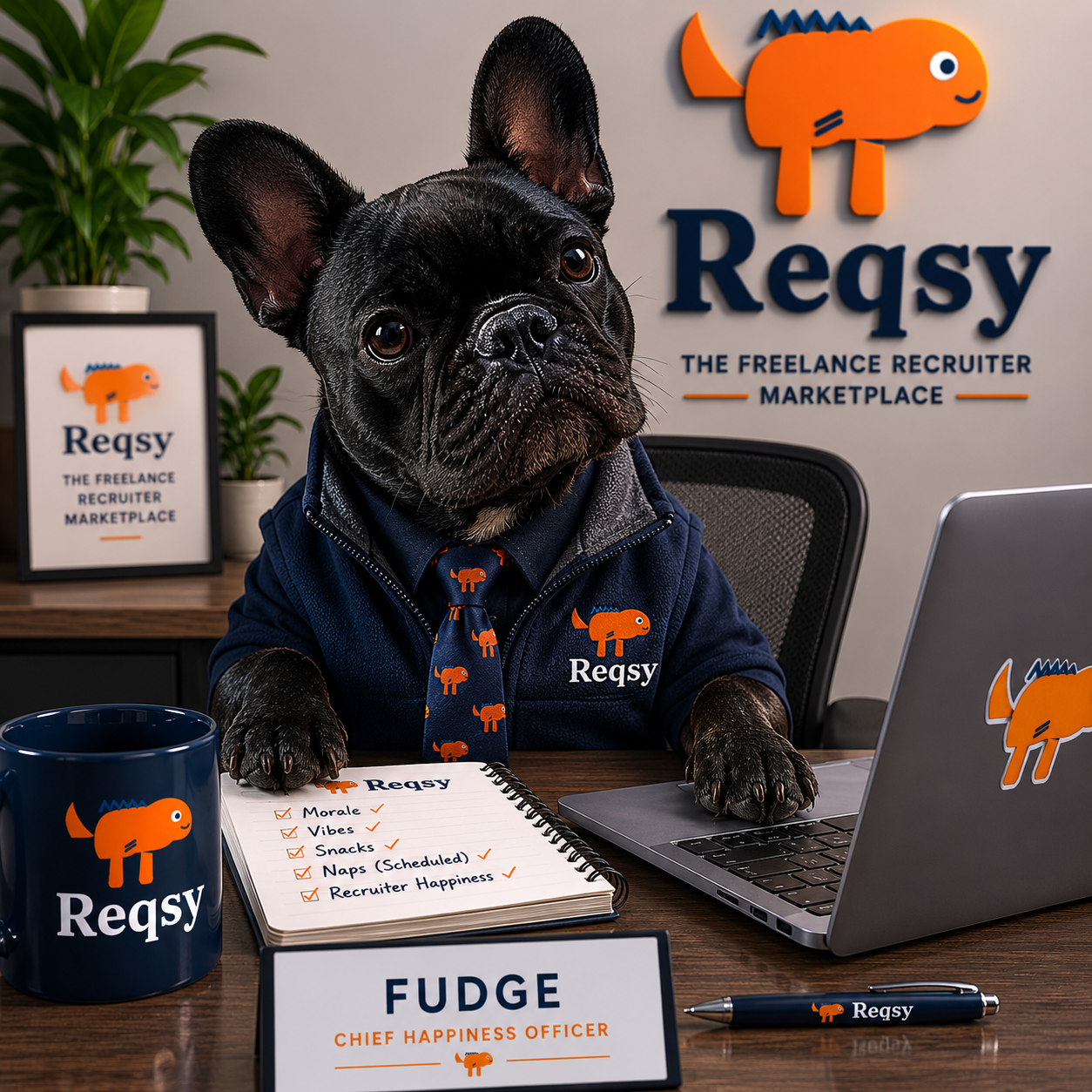 Fudge the dog wearing a navy Reqsy suit at his desk