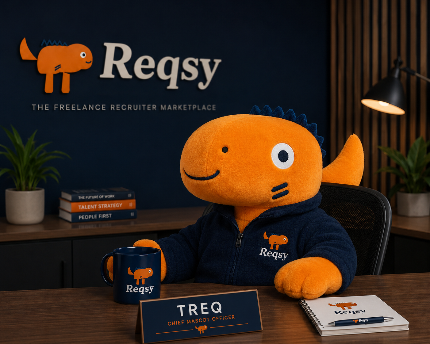 TReq, the Reqsy dinosaur mascot, at his desk